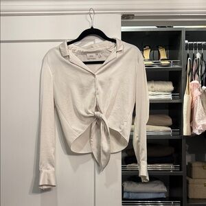 Aritzia Cream Tie-Front Long-Sleeve Blouse